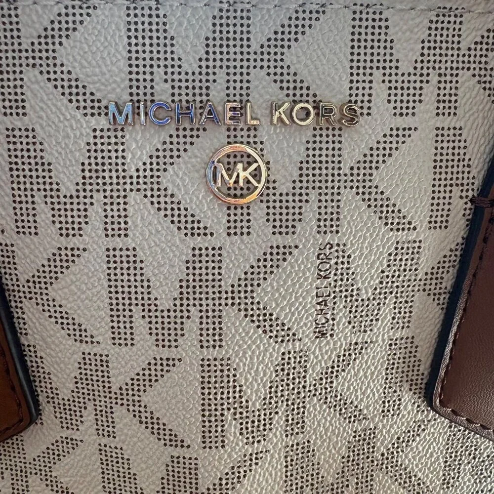 Michael Kors Logo Cream & Brown Canvas & Leather Tote Bag With Detachable Strap